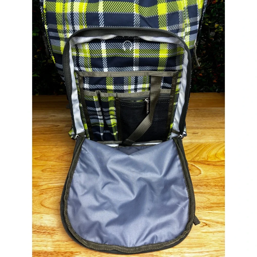 LL Bean Deluxe Book Pack Backpack Lime Green Black Plaid Reflective School Bag